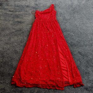 Red Sequin Shoulder Floor-length Dress w/ Thigh Slit - Size US 4